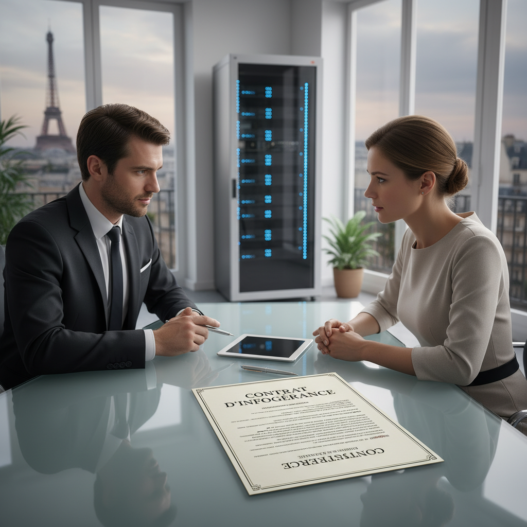 Contrat d'infogérance avec stylo et lunettes sur bureau - illustration des pièges contractuels